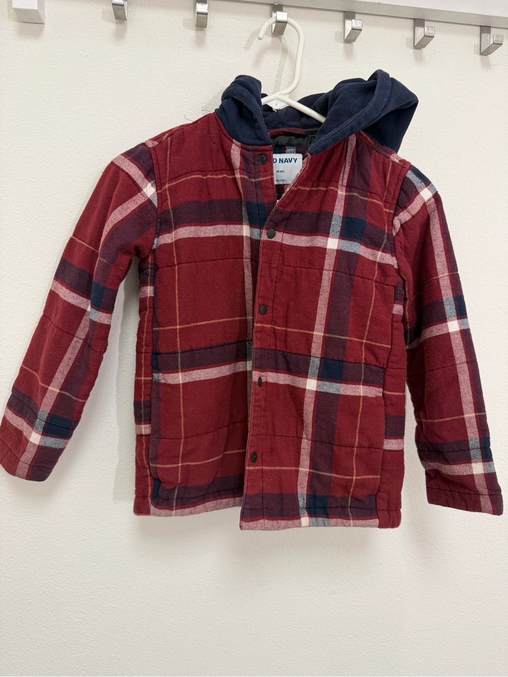 Old Navy Red Plaid Hooded Kids Jacket with Navy Hood